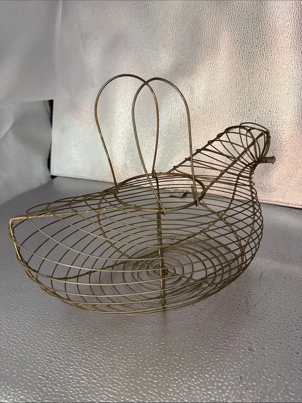 Vintage Bird Silhouette Gold Wire Basket  with dual loop Handles